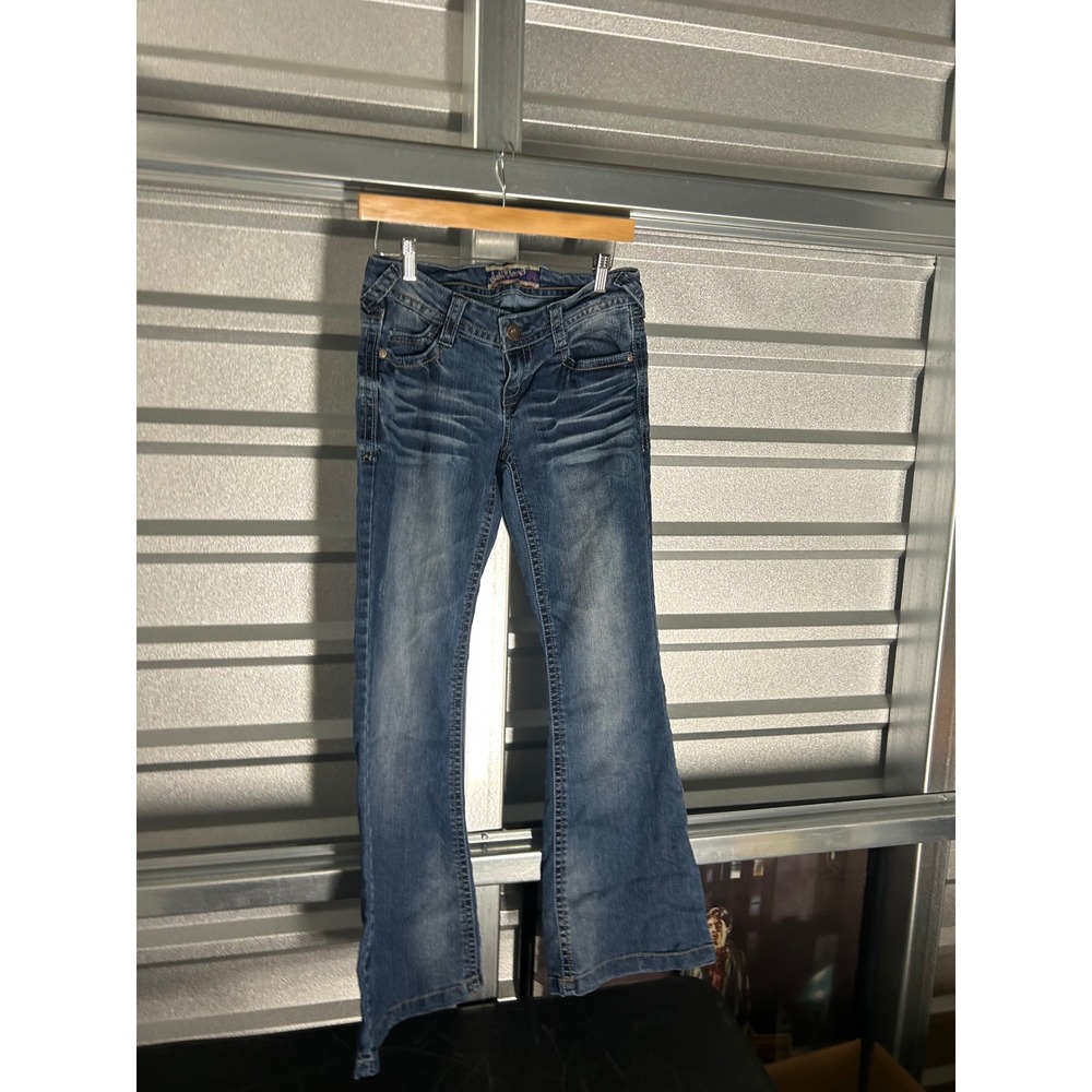 Wallflower Jeans Womens 7 Blue Flare Low Rise Y2K Flap Pocket Whiskered Denim